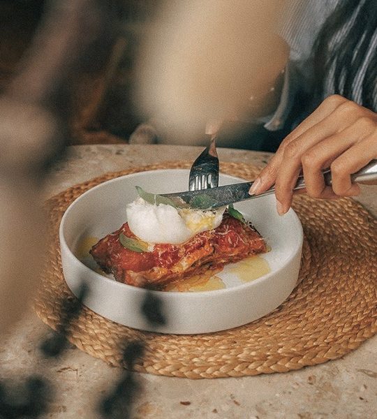 An all-day plate served at a garden table